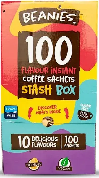 Beanies 100 Instant Coffee Packets – Variety Pack - Individual Coffee Singles – 10 Flavors for A Bold & Adventurous Coffee Gift Basket,100 Stick Mix