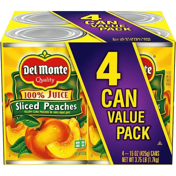 Del Monte 100% Juice Sliced Peaches 4 Cans / 15 oz