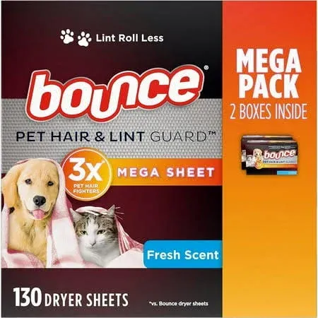 Bounce Pet Hair &amp; Lint Guard Mega Dryer Sheets with 3X Pet Hair Fighters 130 Ct