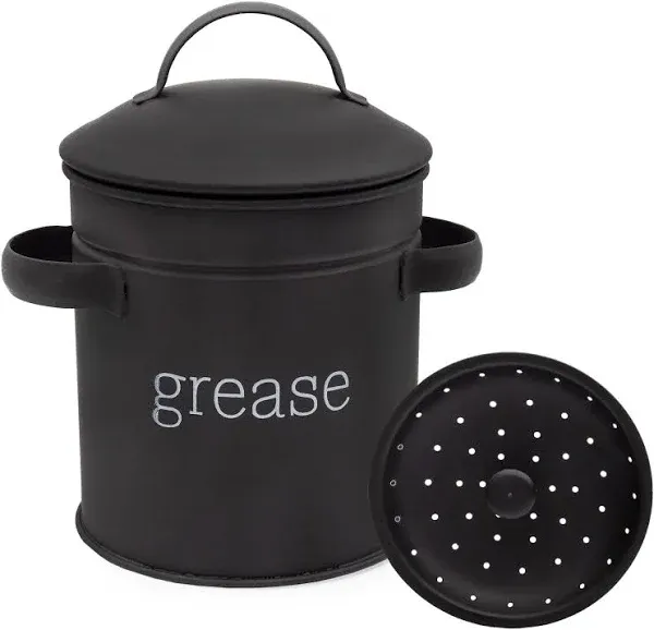 AuldHome Design Black Enamal Farmhouse Bacon Grease Container, Vintage w/Strainer Keto-Friendly