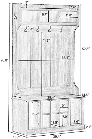 Hall Tree with Storage Bench,3-in-1 Entryway Coat Rack with 6 Hooks,Open White