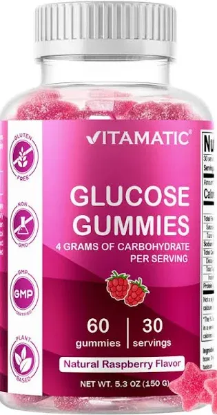 Vitamatic Glucose chewable Gummies - 60 Count - Natural Raspberry Flavor - 4G of Carbohydrate per Serving (1 Bottle)