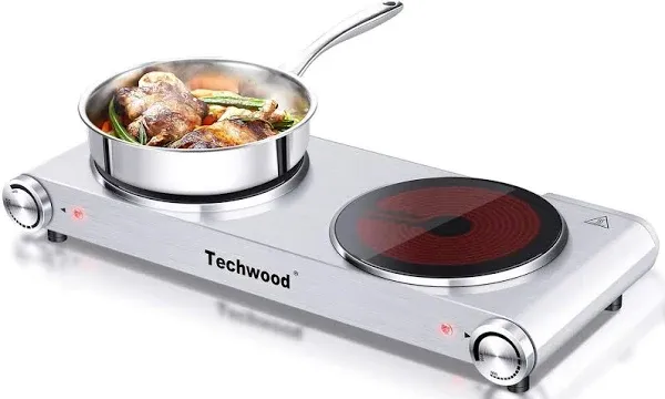 Hot Plate, Techwood 1800W Dual Electric Stoves, Countertop Stove Double Burner for Cooking, Infrared Ceramic Hot Plates Double Cooktop, Silver, Brushed Stainless Steel Easy to Clean Upgraded Version