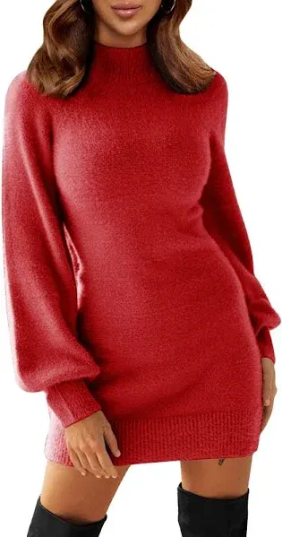 Exlura Women's Ribbed Mock Neck Long Sleeve Sweater Dress