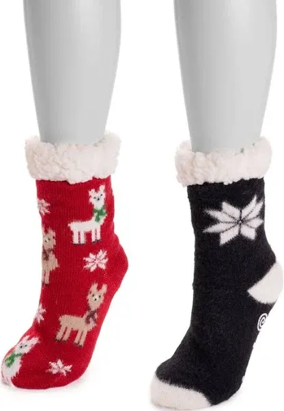 Muk Luks Women's Cabin Cozy Sock, 2 Pair, Red Llama, Black Star