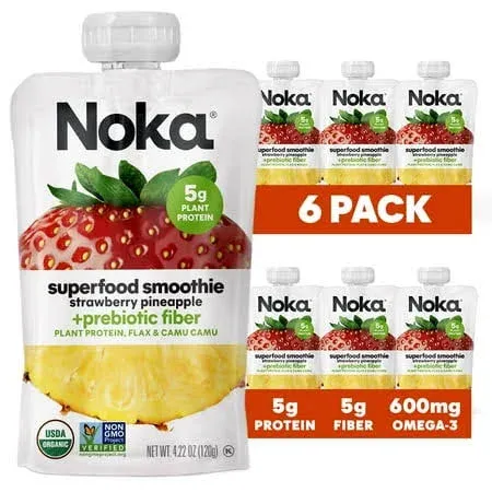 Noka Superfood Fruit Smoothie Pouches Variety Pack, Healthy Snacks with Flax Seed, Plant Protein and Prebiotic Fiber