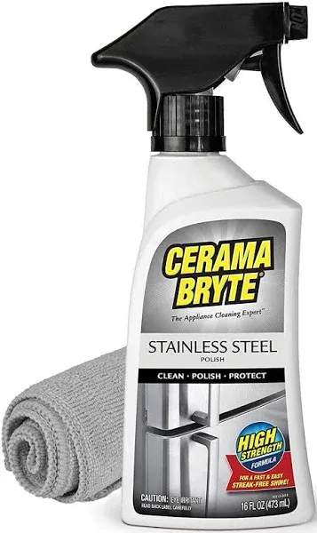 Cerama Bryte High Strength Protective Stainless Steel Appliance Cleaner & Polish Spray with Mineral Oil - 16 oz, Includes Large Microfiber Cloth