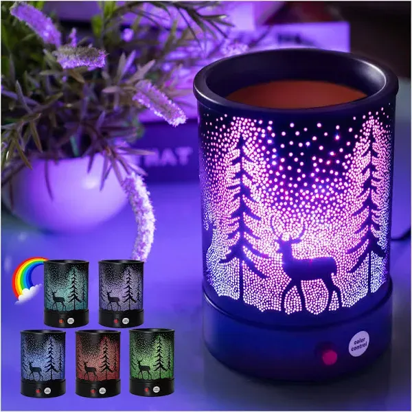 Fragrance Oil Lamp Warmer with 7 Color Lights - Pine Forest Deer Design for Home Decor, Office, and Gifts