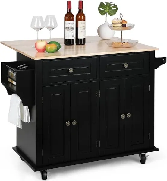 VOWNER 43" Kitchen Island with Drop Leaf, Island Table Kitchen with Storage, Father (Black, 29.5" D x 43.3" W x 32.5" H)