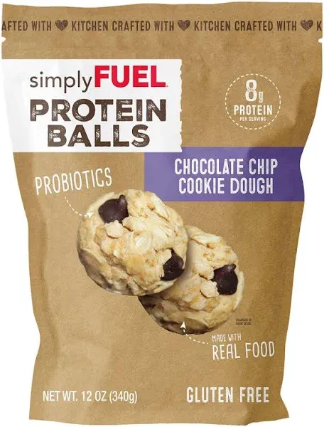 simplyFUEL Whole Food Protein Balls with Probiotics - Chocolate Chip Cookie Dough Protein Snacks - 8g Protein Snack - Gluten Free Energy Balls (1 Pack of 12 Balls)