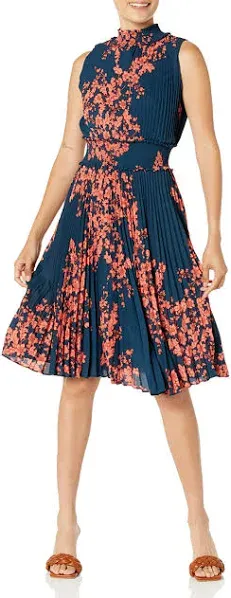 Nanette Lepore Navy Blue &amp; Coral Floral Plisse Pleated Smocked Dress - Size 4