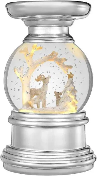 Haute Decor Snowburst 7 Inch Battery Operated Deer in Woods Christmas Snow Globe with Candle Holder and Built-in Timer, 3 Warm White LED’s and Pulsing Snow Swirls for Pillar Candles