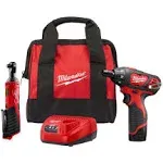 Milwaukee 2401-21R M12 12V Lithium-Ion Cordless 3/8 in. Ratchet and Screwdriver Combo Kit (2-Tool) with Battery, Charger, Tool Bag