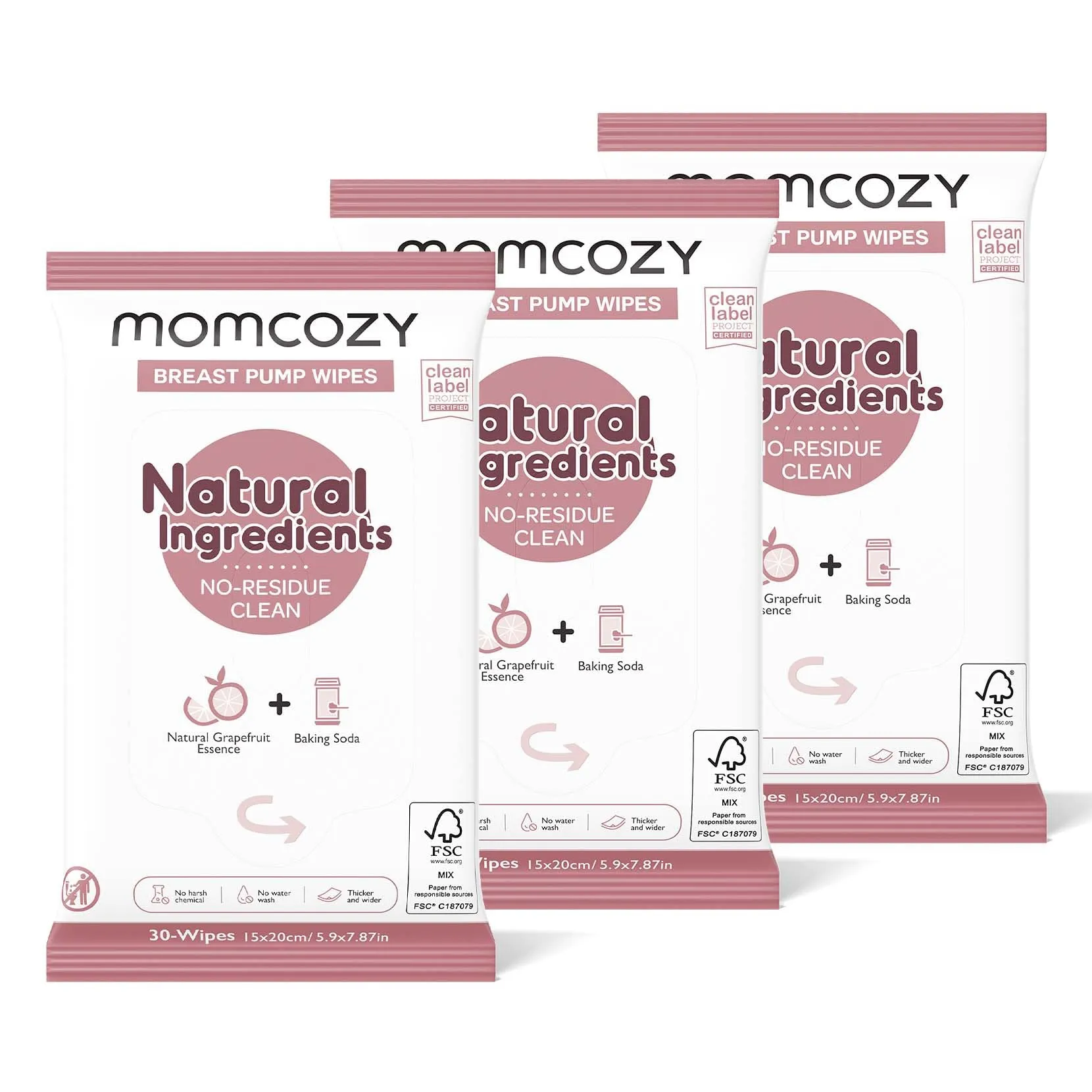 Momcozy Natural Breast Pump Wipes for Pump Parts Cleaning On-the-go, 30 Count (Pack of 3), Flash Clean & Resealable Pump Wipes