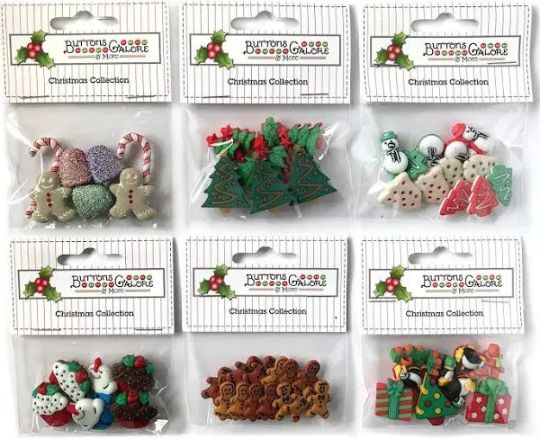 Buttons Galore 60+ Assorted Christmas Buttons for Sewing & Crafts - Set of 6 Button Packs - Gingerbread, Presents, Chirstmas Trees & More