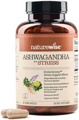 NatureWise Ashwagandha for Stress - With KSM-66 Ashwagandha Extract + GABA + L-Theanine + Rhodiola Rosea - Herbal Mood & Sleep Support - Vegan, Non-GMO, Gluten-Free - 60 Capsules[1-Month Supply]