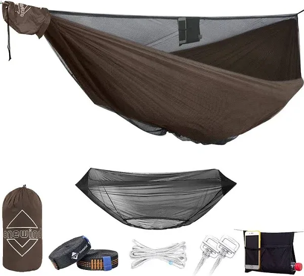 onewind 11ft Camping Hammock with Mosquito Net, Portable Hammock Backpacking Hammock with Net Adjustable Ridgeline Double Hammock with 2*12Ft Tree Straps for Camping Hiking Backpacking, Coyote Brown