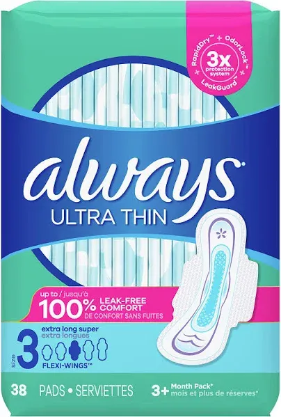 ALWAYS ULTRA THIN PADS WITH FLEXI-WINGS LONG SUPER 16 EACH (PACK OF 2) 32 TOTAL