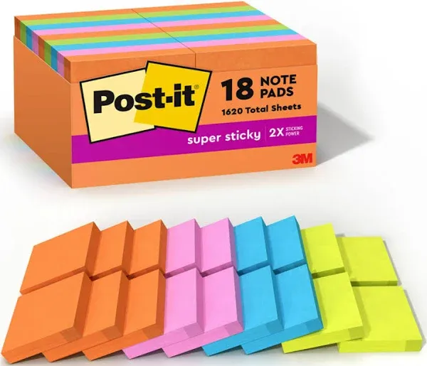 Post-it Super Sticky Notes, 1 7/8 in. x 1 7/8 in., Energy Boost Collection, 18 Pads/Pack, 90 Sheets/Pad