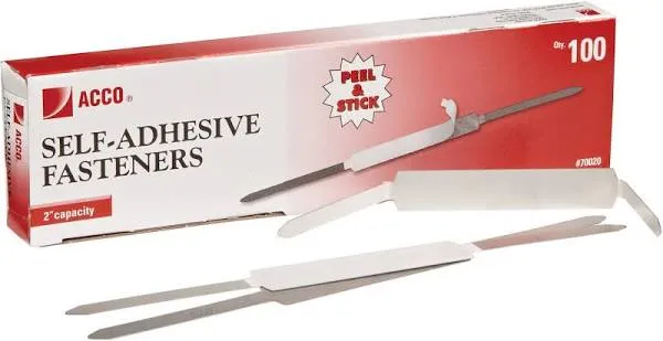 ACCO Self-Adhesive Paper File Fasteners 2&#034; Capacity 2 3/4&#034; Center 100/Box 70020