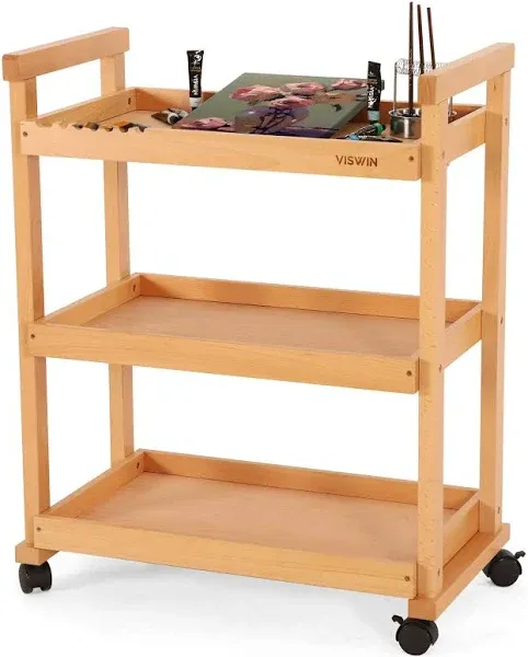 VISWIN 37" H Art Cart Storage Organizer 3-Tier Solid Beech Wood Rolling Utility Cart with Caster Wheels