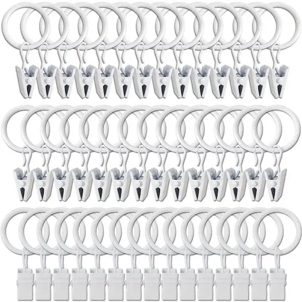 44 Pack Metal Curtain Rings with Clips, Drapery Clips with Rings, Curtain Hangers Clips, Drapes Rings 1 inch Interior Diameter,White