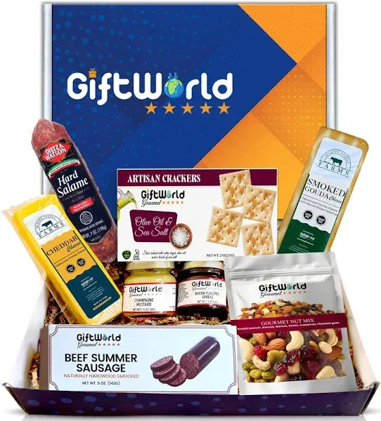 GiftWorld Beef Summer Sausage Charcuterie Cheese Gift Basket, Meat and Cheese Gift Baskets for Men and Women, Food Gift Basket for Men, Women, Food Gifts for Men, Retirement, Teacher Gifts, Corporate Gifts