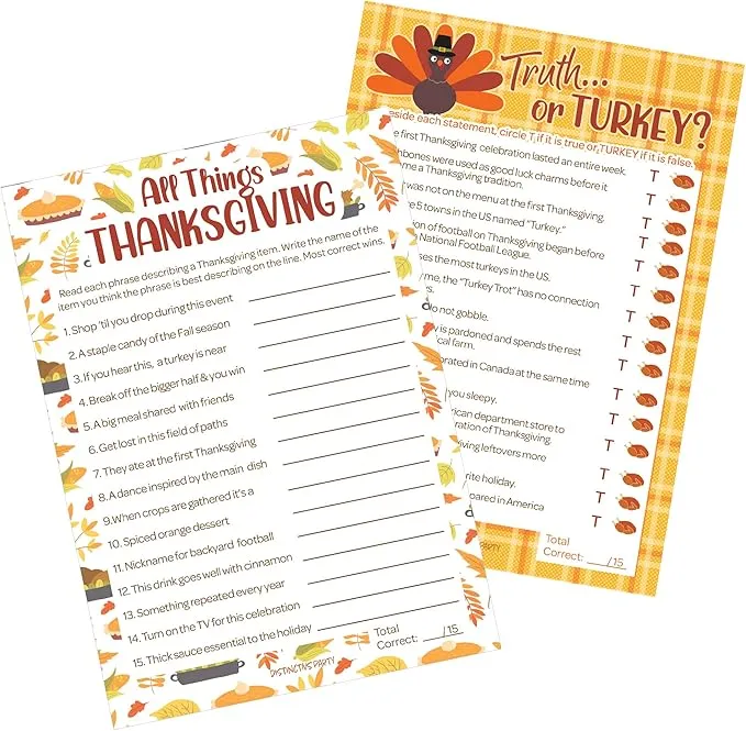 DISTINCTIVS Thanksgiving Party Games, All Things Thanksgiving and Truth or Turkey (2 Game Bundle) - 25 Dual Sided Cards, Friendsgiving Party Games, Thanksgiving Family Games