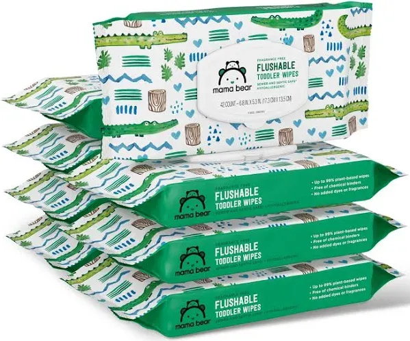 Amazon Brand - Mama Bear Fragrance Free Hypoallergenic Flushable Toddler Toilet Wipes, 336 Count (8 Packs of 42)