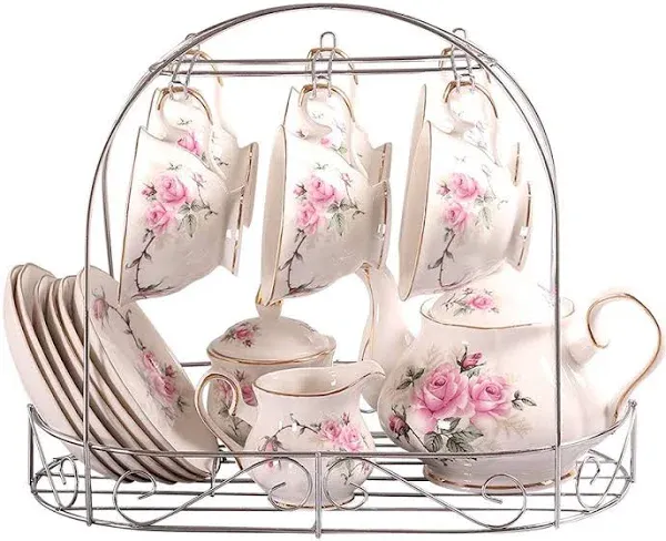 15 Piece European Bone China Service Coffee Set Wiht Metal Holder,Pink Camellia