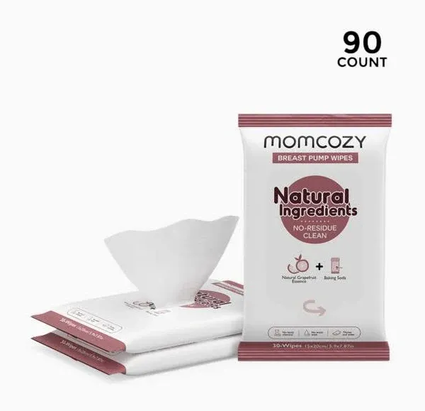 Natural Breast Pump Wipes for Pump Parts Cleaning On-The-Go, 30 Count (Pack of 3