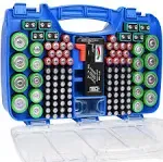 The Battery Organizer Storage Case with Hinged Clear Cover, Includes A Removable Battery Tester, Holds 180 Batteries Various Sizes Blue.