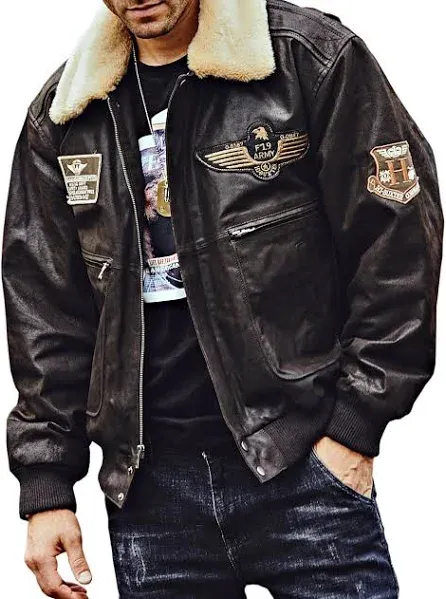 FLAVOR Men's Real Leather Bomber Jacket with Removable Fur Collar Aviator