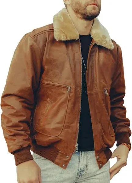 FLAVOR Men&#039;s Real Leather Bomber Jacket with Removable Fur Collar Aviator