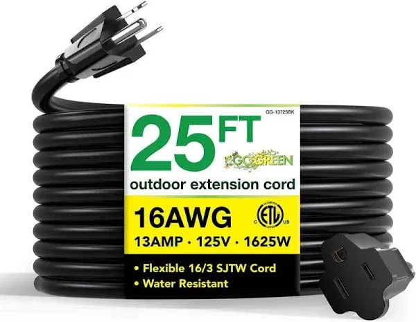 Go Green Power Inc. 16/3 25ft Black Outdoor Extension Cord - Reliable, Heavy Duty - Ideal for Outdoor Tools & Equipment - GG-13725BK