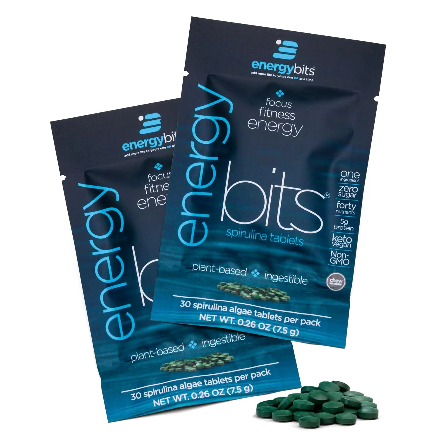 Energybits Organic Spirulina Tablets Plant-Based Algae Superfood for Focus