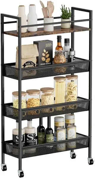 Slim Kitchen Storage Cart 4-Tier 5.9 in Wide Rolling Narrow Metal with Handle