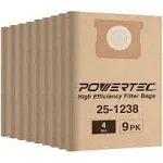 POWERTEC 25-1238 Vacuum Bags for Stanley 9pk, for Stanley At25-1238 & Porter Cable PCX18301-4B, SL18301-3B 4 Gallon Filter Bags, Replacement Dust