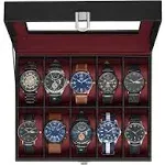 SONGMICS Watch Box, 10-Slot Watch Case with Large Glass Lid, Removable Watch Pillows, Watch Box Organizer, Gift for Loved Ones, Black Synthetic Leather, Wine Red Lining UJWB010R01