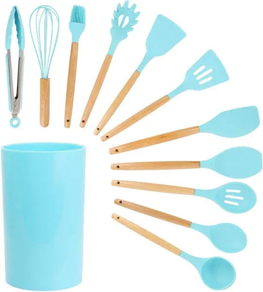 Mint Green 12 Piece Silicone and Wood Cooking Utensils