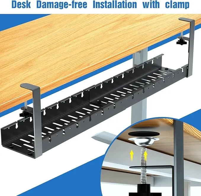 No Drilling Extendable Under Desk Cable Management, Metal Cable Management Tray Under Desk with Clamp, Retractable Power Strip Cord Holder for Wire Management 31Inch (2 Pack Extendable 31')