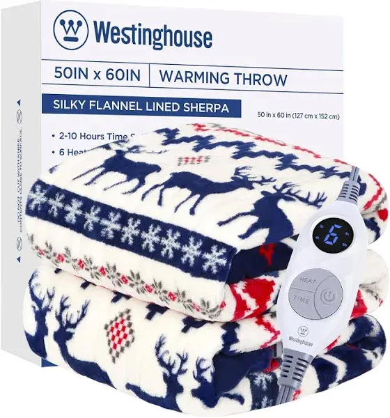 Westinghouse Heated Throw Blanket, Soft Flannel to Sherpa Electric Blanket with 6 Heating Levels & 2 to 10 Hours Heating Time Settings, Fast Heating