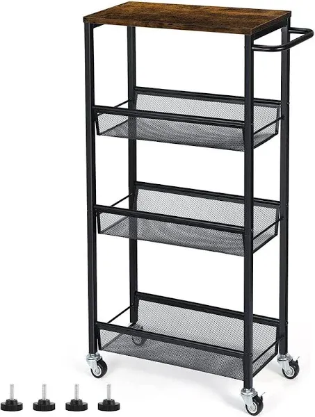 4 Tier Slim Kitchen Storage Cart, Narrow Storage Unit Shelf Trolley Home Office