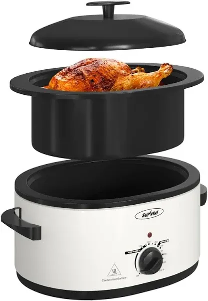 Sunvivi 8Qt Slow Cooker with Self-Basting Lid Electric Turkey Roaster Oven White