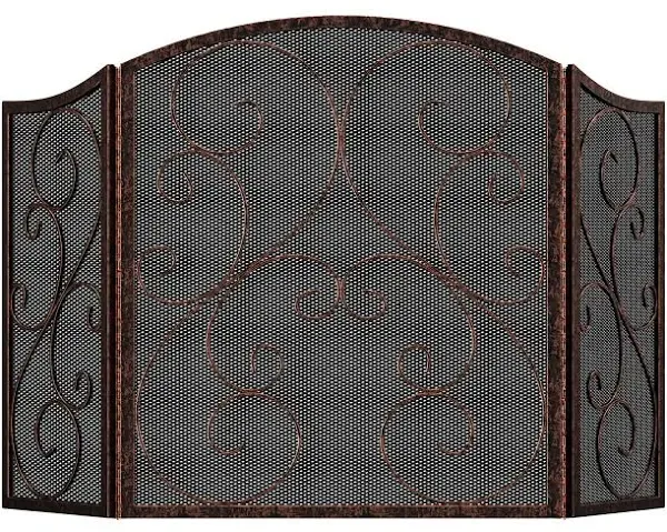 Fireplace Screen 3 Panel Wrought Iron Metal 48&#034;L x30H Spark Guard CoverBrushe...