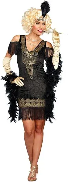 Dreamgirl Adult Womens Plus Size Flapper Dress Costume, 20s Great Gatsby, Swanky Flapper Halloween Costume, Black/Gold