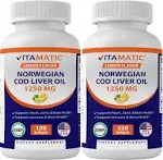 Vitamatic 2 Pack Norwegian Cod Liver Oil 1250mg Total 240 Softgels (lemon Flavor) Promotes Cardiovascular Health