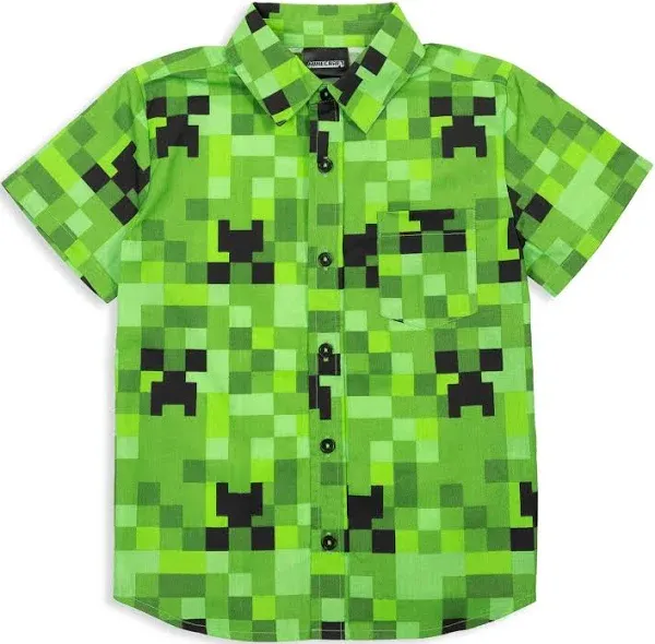 Minecraft Creeper Short Sleeve Button Down Dress Shirt