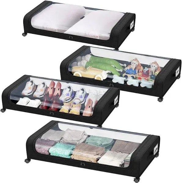 2 Pack Under Bed Storage with Wheels, Large Capacity Under Bed Storage Containers with Clear Lid,Handle,Label, Rolling Under Bed Shoe Storage Organizer for Clothes Toy Shoe Blanket (Black)