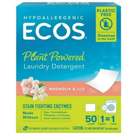 ECOS Laundry Detergent Sheets - No Plastic Jug - Vegan, No Mess & Liquid Free - Laundry Sheets in Washer - Hypoallergenic, Plant Powered Laundry Detergent Sheets, Magnolia & Lily, 50 Count